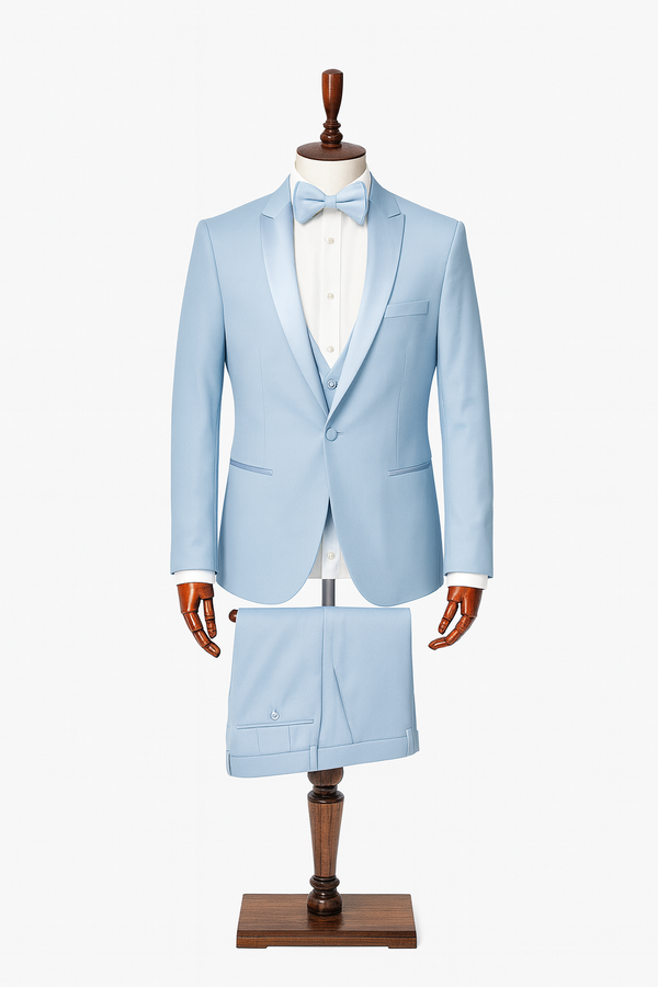 Eleganter Smoking in Hellblau – 3-teilig mit Weste und Fliege