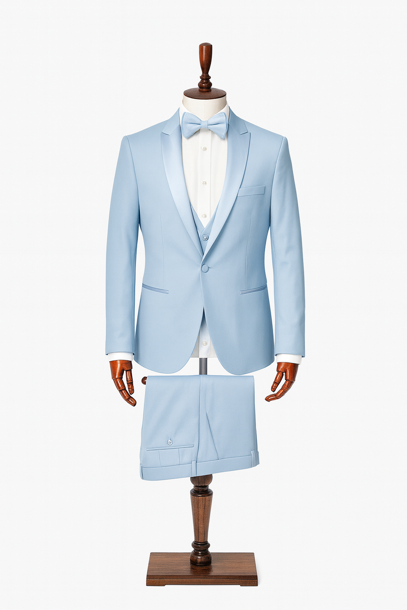 Eleganter Smoking in Hellblau – 3-teilig mit Weste und Fliege