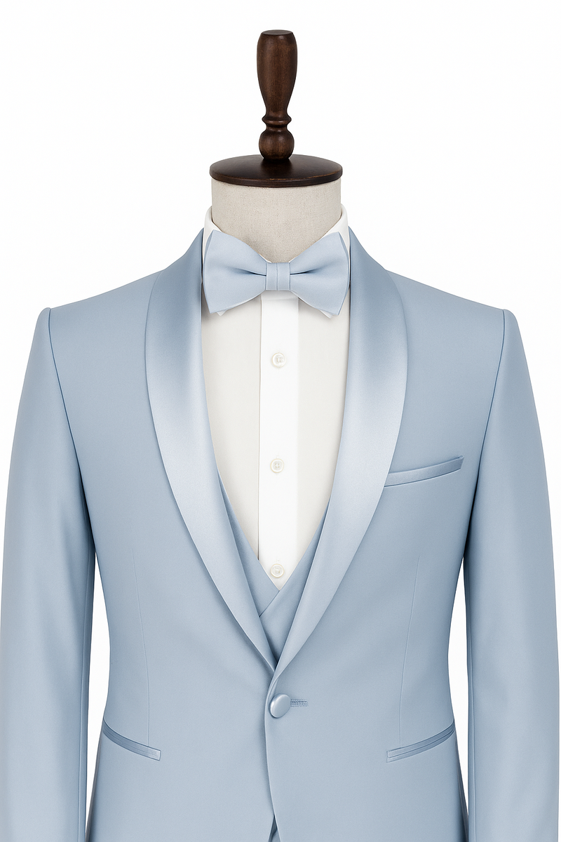 Eleganter Smoking in Hellblau – 3-teilig mit Weste und Fliege