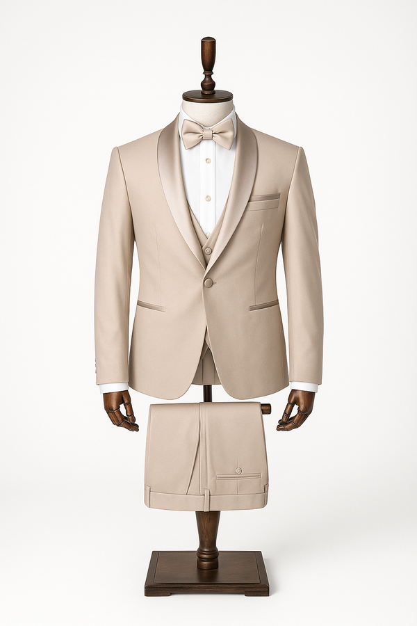 Eleganter Smoking in Beige – 3-teilig mit Weste und Fliege
