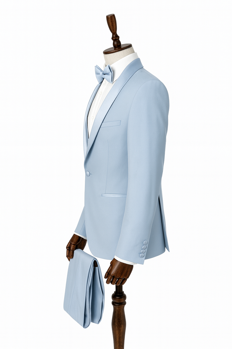 Eleganter Smoking in Hellblau – 3-teilig mit Weste und Fliege